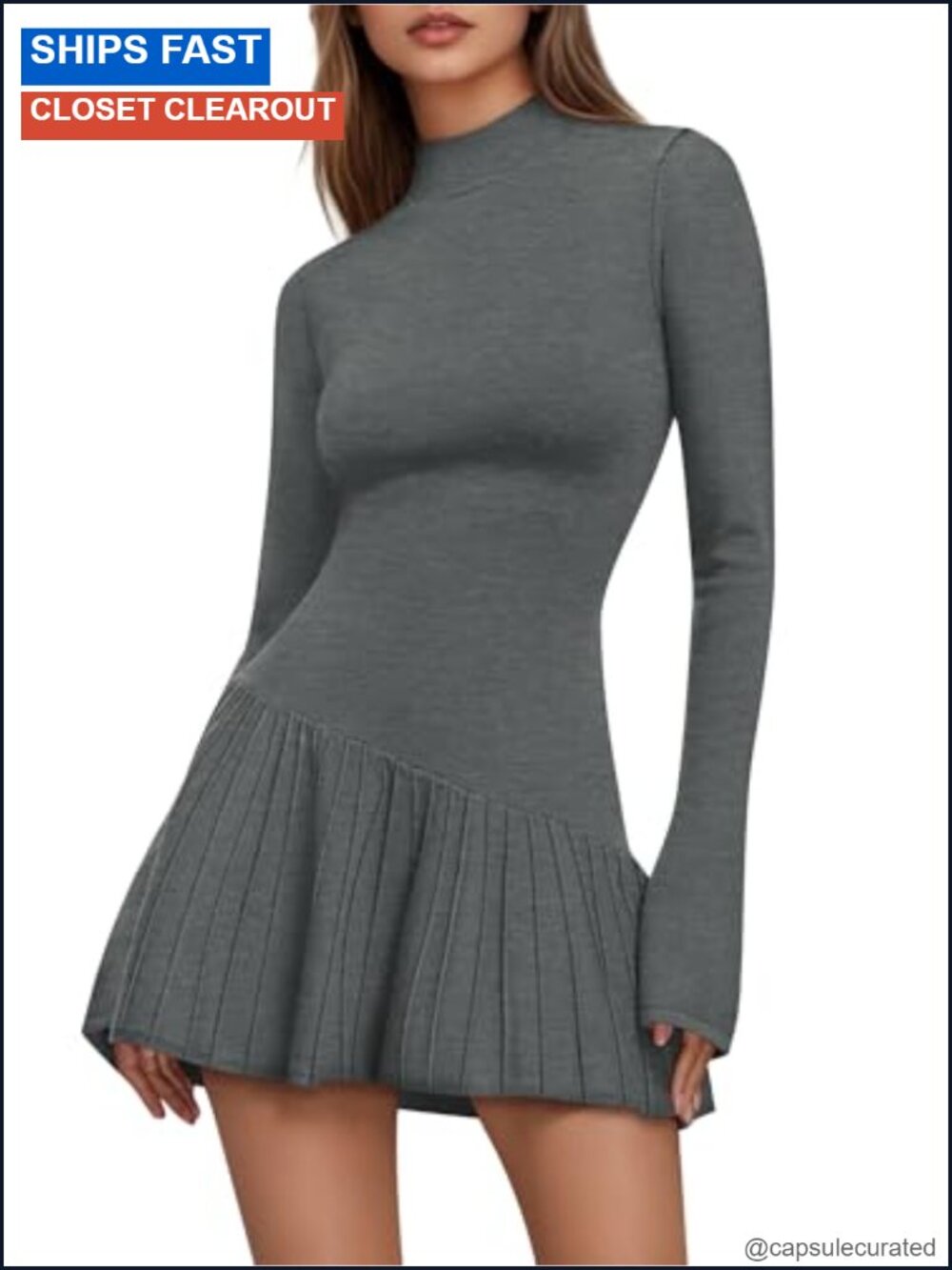 Women's Knit Sweater Dress Mock Neck Bell Sleeve Bodycon Mini Dress